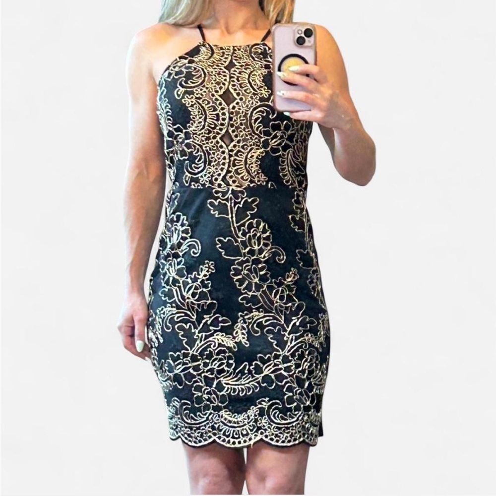 NWT Parisian Black & Gold Embroidered Halter Mini Dress - Size 4